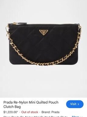 Prada Black Quilted Re-Nylon Clutch with Gold Chain